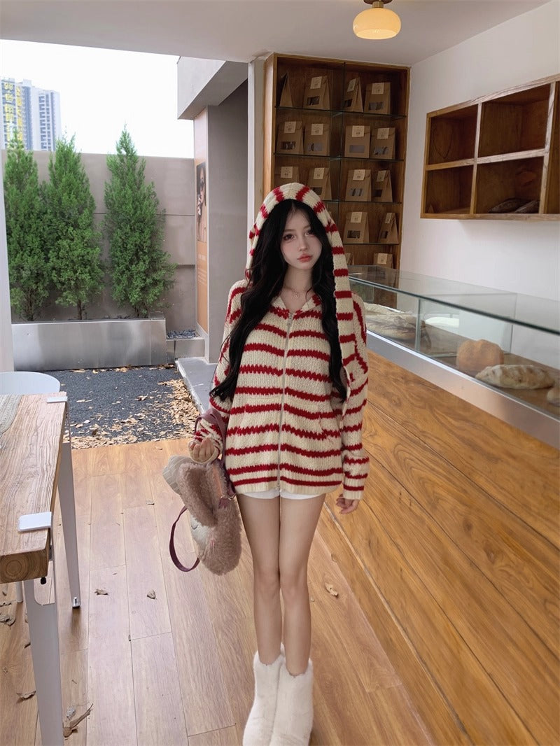 Bunny Hood Striped Knit Cardigan Women