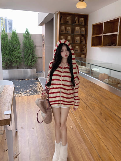 Bunny Hood Striped Knit Cardigan Women