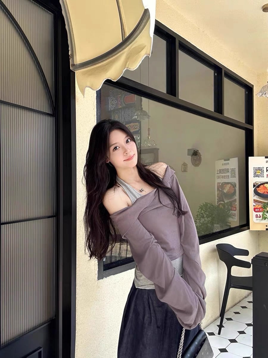 Off Shoulder Halter Layered Tee Set Women