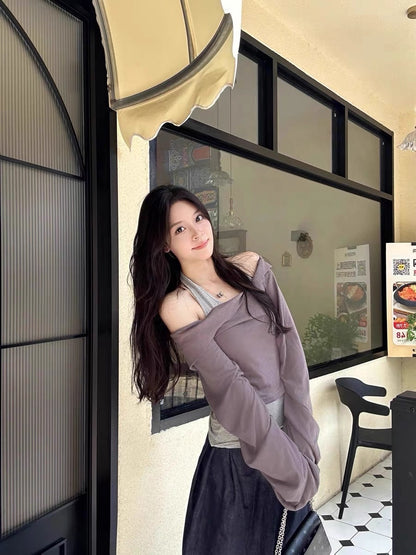 Off Shoulder Halter Layered Tee Set Women