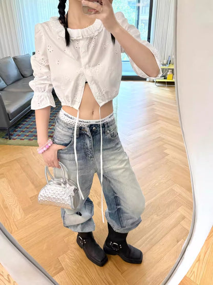 White Hollow Embroidered Long Sleeve Shirt