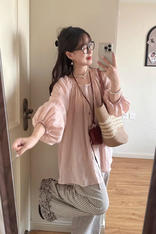 Airy Pink Lantern Sleeve Top