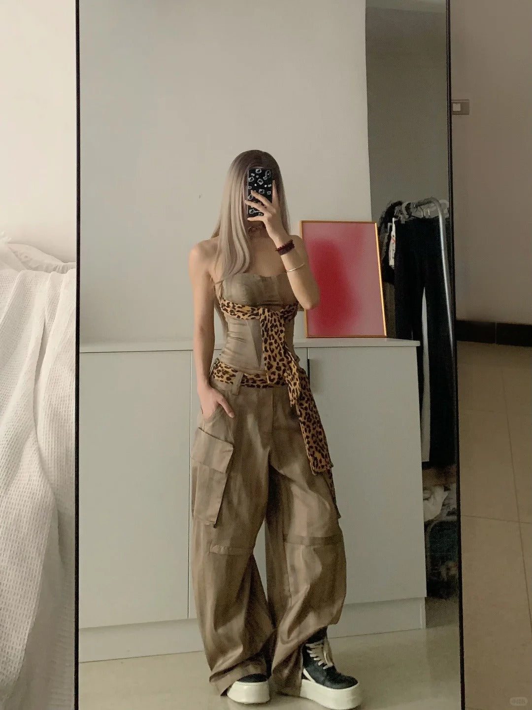 Gray Leopard Corset and Cargo Pants Y2K Two Pieces Sets