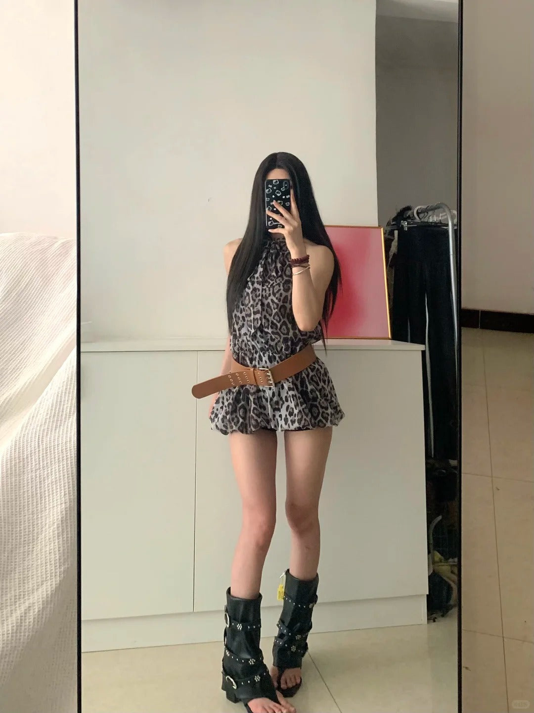 Gray Leopard Tank Mini Dress Y2K Mini Dress