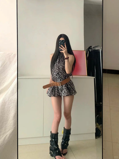 Gray Leopard Tank Mini Dress Y2K Mini Dress