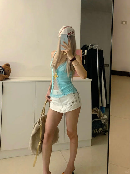Blue Cami and White Denim Shorts Y2K Two Pieces Sets