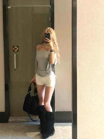 Y2K Grey Off-Shoulder Top and White Shorts Two Pieces Set