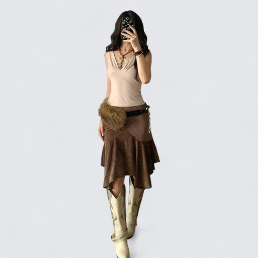 Pink V Neck Tank and Brown Skirt Y2K Two Pieces Sets
