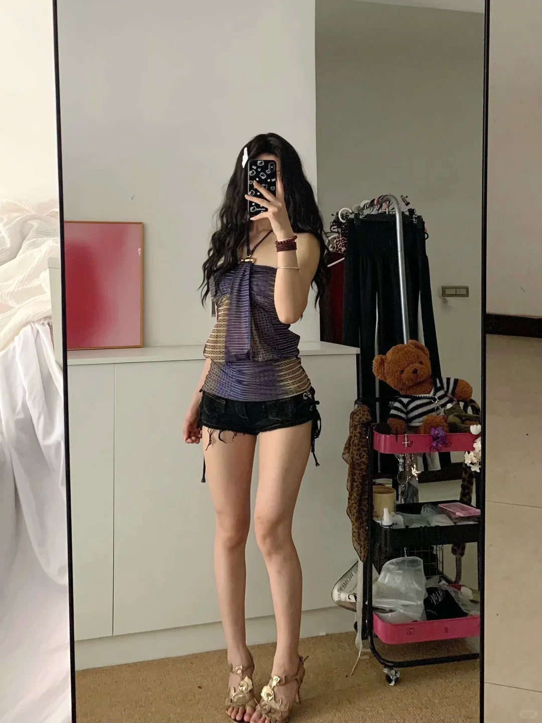 Y2K Mesh Halter Top and Black Denim Shorts Two Pieces Set