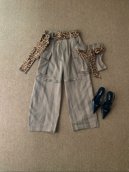 Gray Leopard Corset and Cargo Pants Y2K Two Pieces Sets