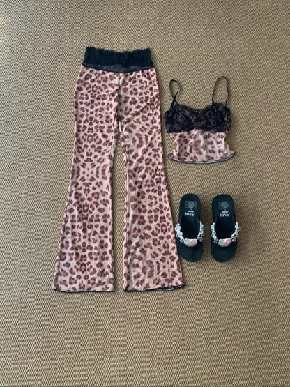 Brown Leopard Cami and Flare Pants Y2K Two Pieces Sets
