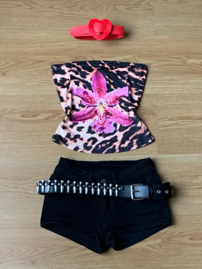Y2k Floral Strapless Crop Top and Black Shorts Two Pieces Sets