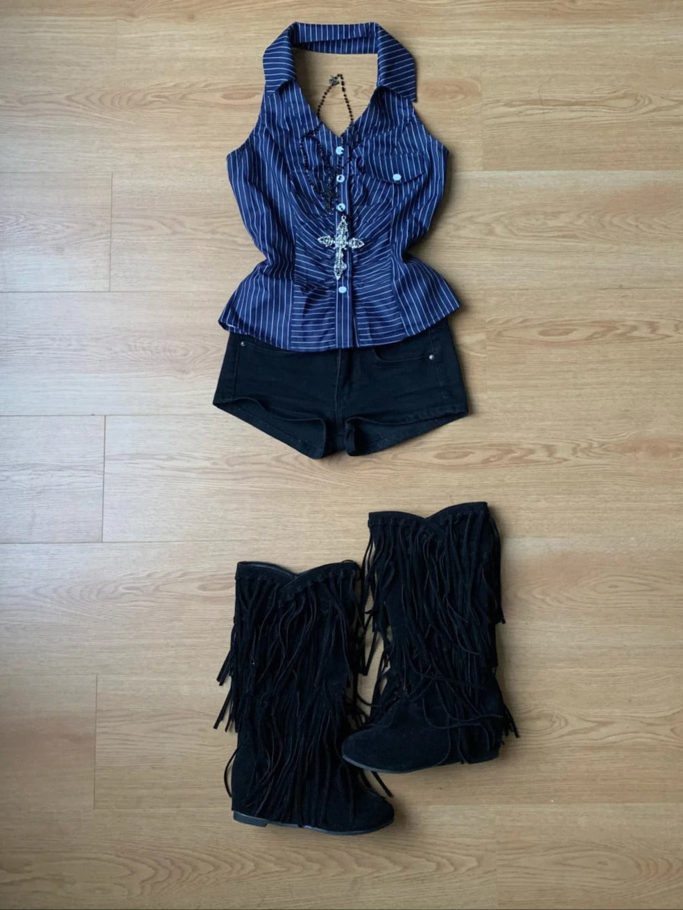 Y2k Blue Plaid Halter Backless Top and Black Shorts Two Pieces Sets