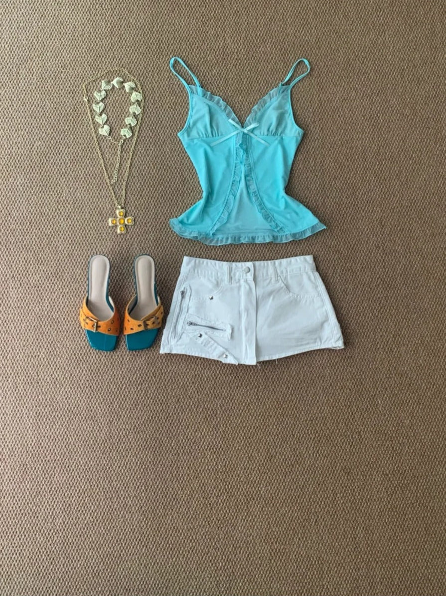 Blue Cami and White Denim Shorts Y2K Two Pieces Sets