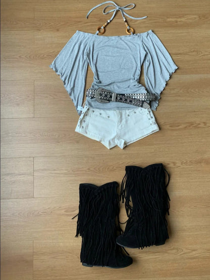 Y2K Grey Off-Shoulder Top and White Shorts Two Pieces Set