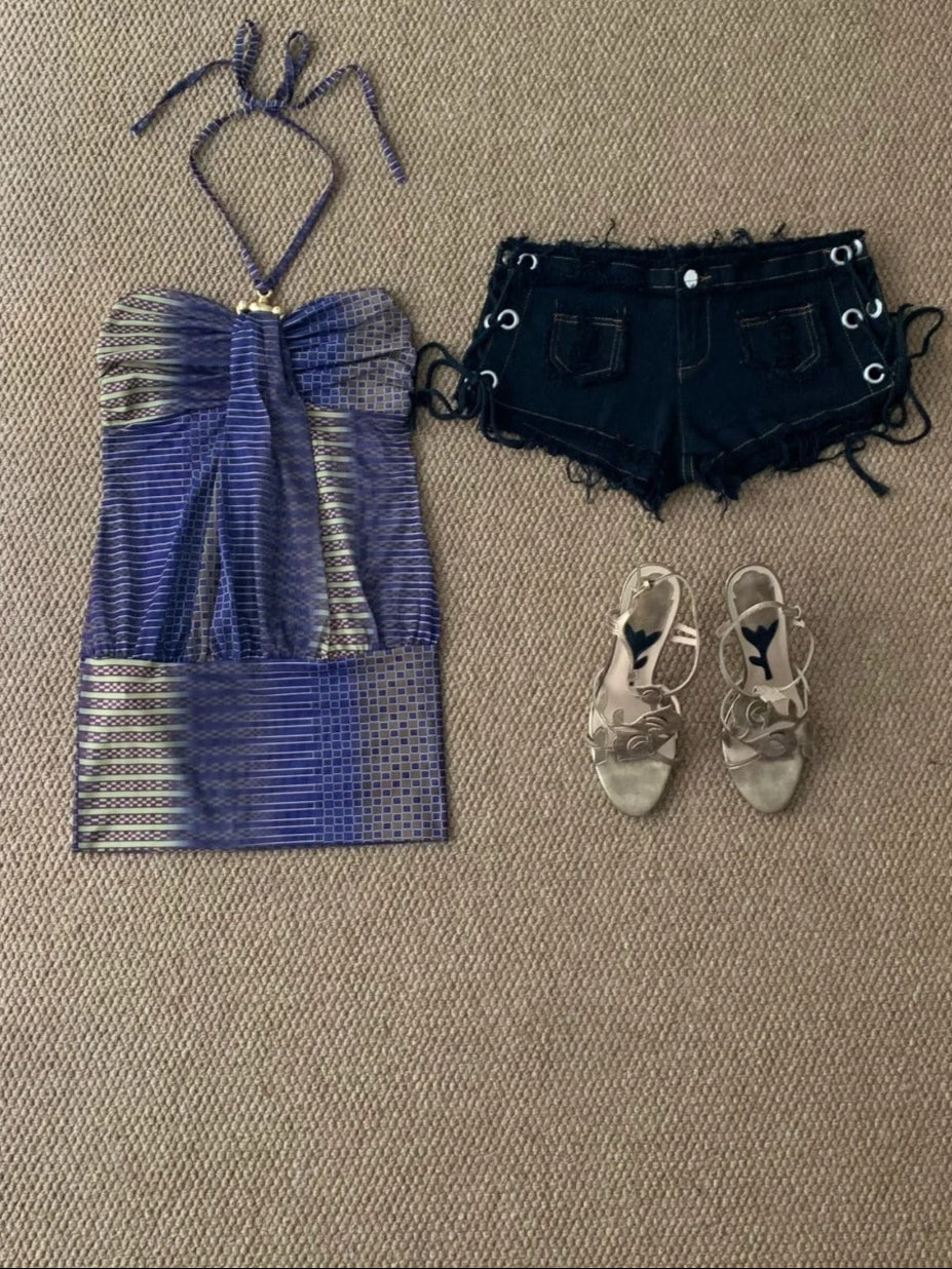 Y2K Mesh Halter Top and Black Denim Shorts Two Pieces Set