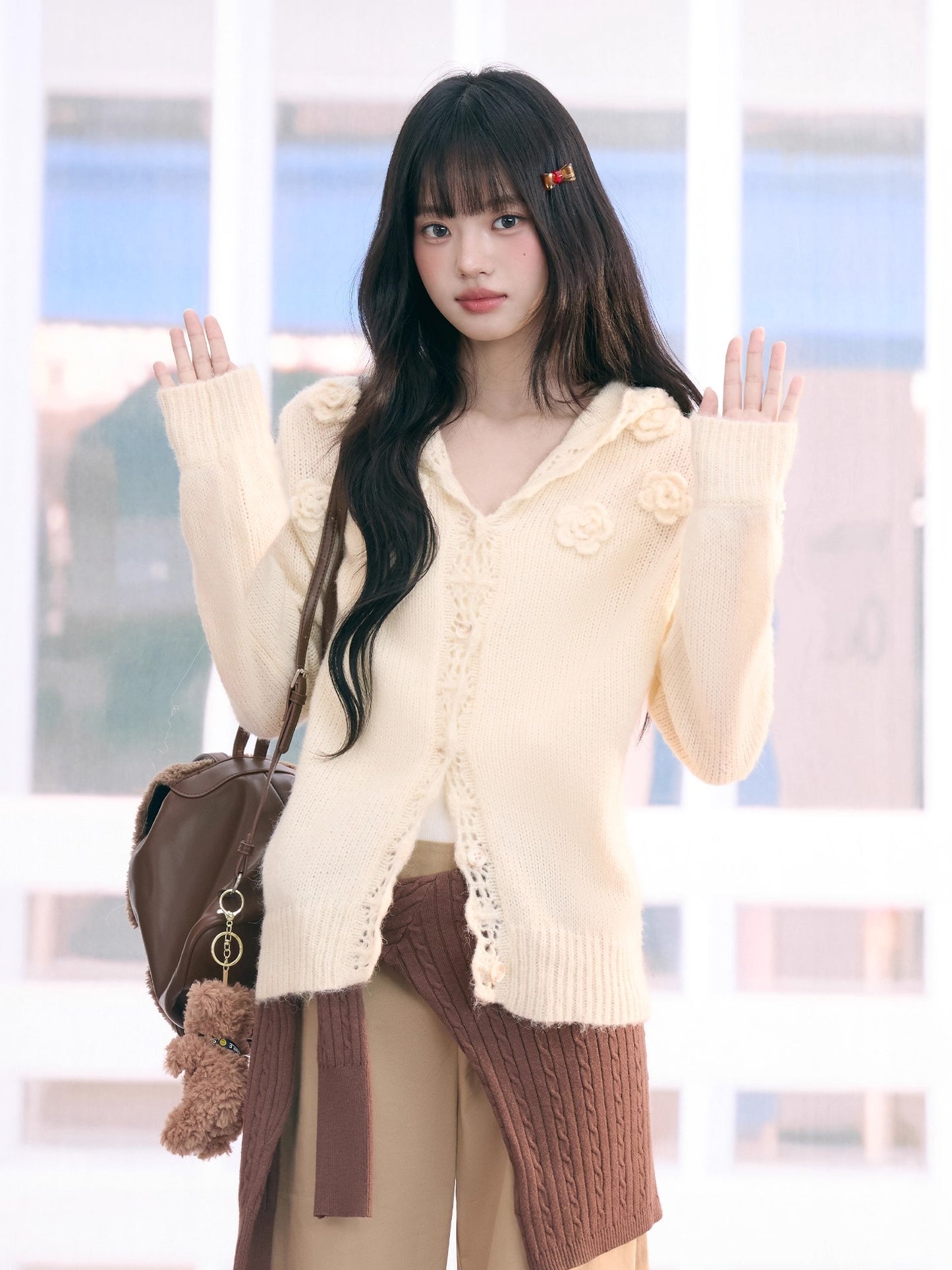 Knit Cardigan Flower Hoodie