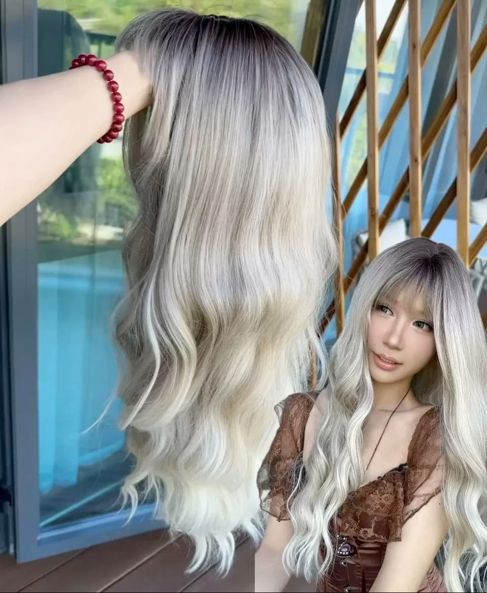 Ash Blonde Gradient Everyday Style Blogger's Wavy Bangs Curly Wig