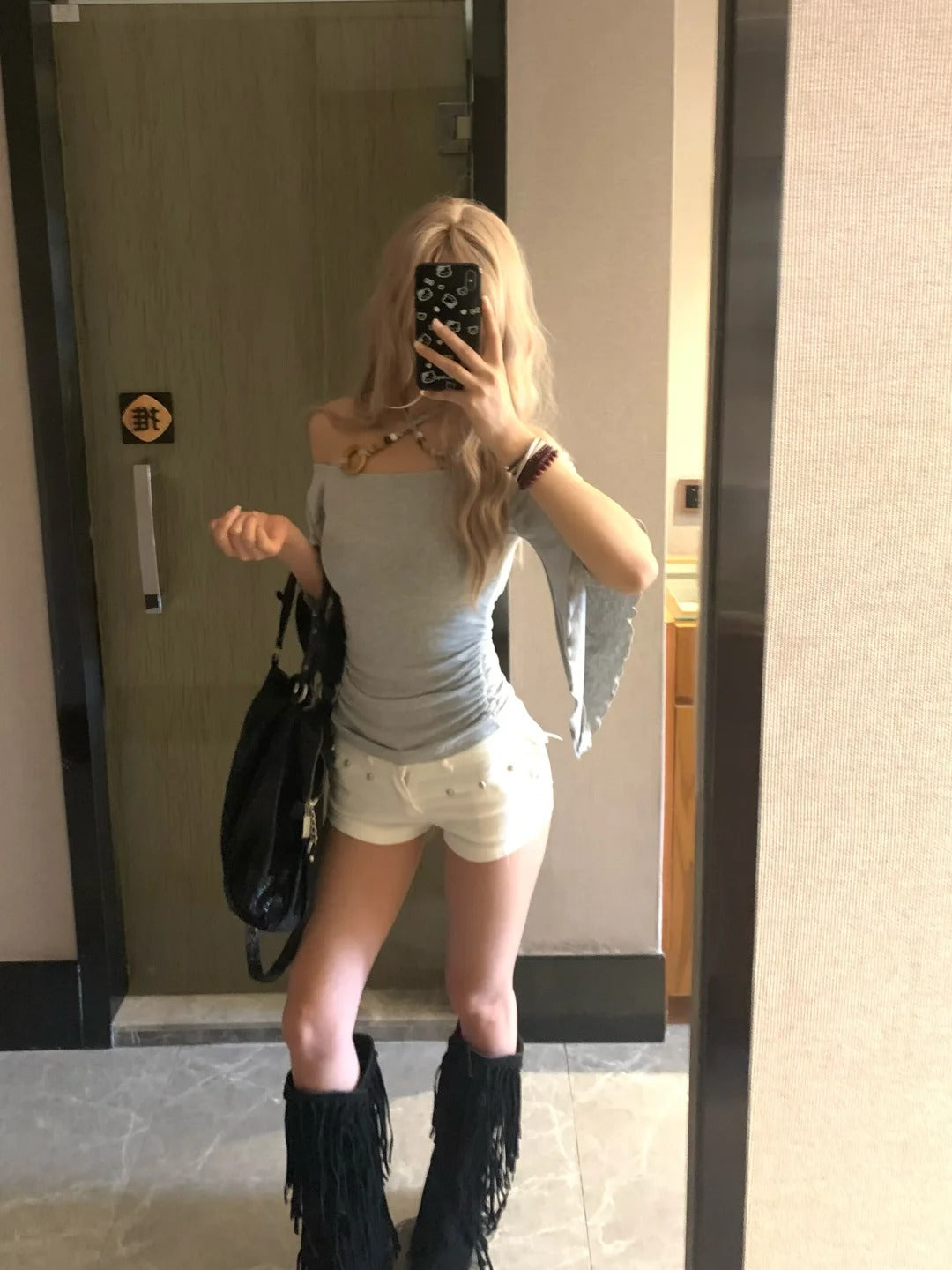 Y2K Grey Off-Shoulder Top and White Shorts Two Pieces Set