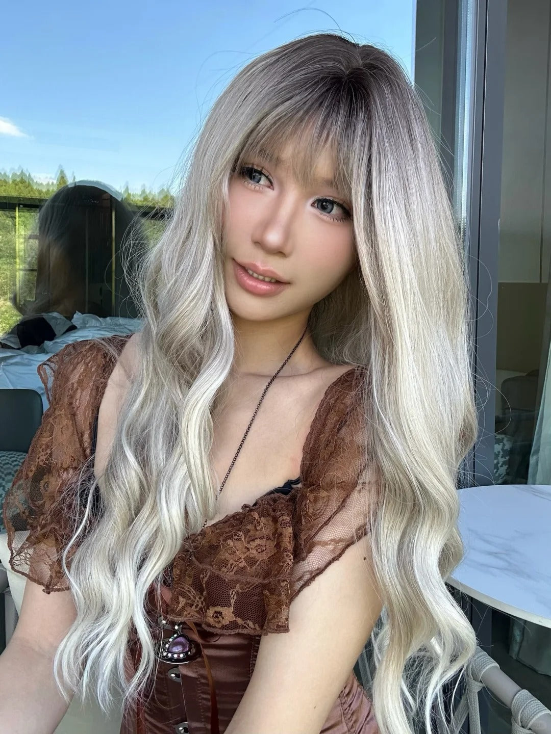 Ash Blonde Gradient Everyday Style Blogger's Wavy Bangs Curly Wig