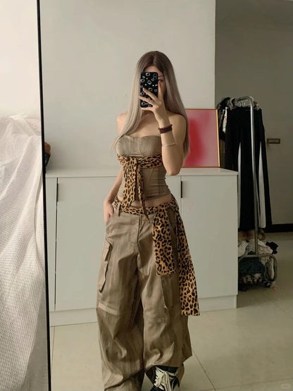 Gray Leopard Corset and Cargo Pants Y2K Two Pieces Sets