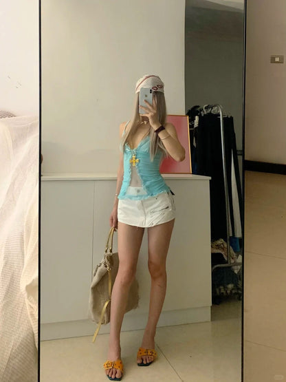 Blue Cami and White Denim Shorts Y2K Two Pieces Sets