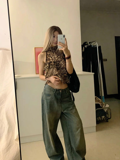 Brown Leopard Cami and Blue Jeans Y2K Two Pieces Sets