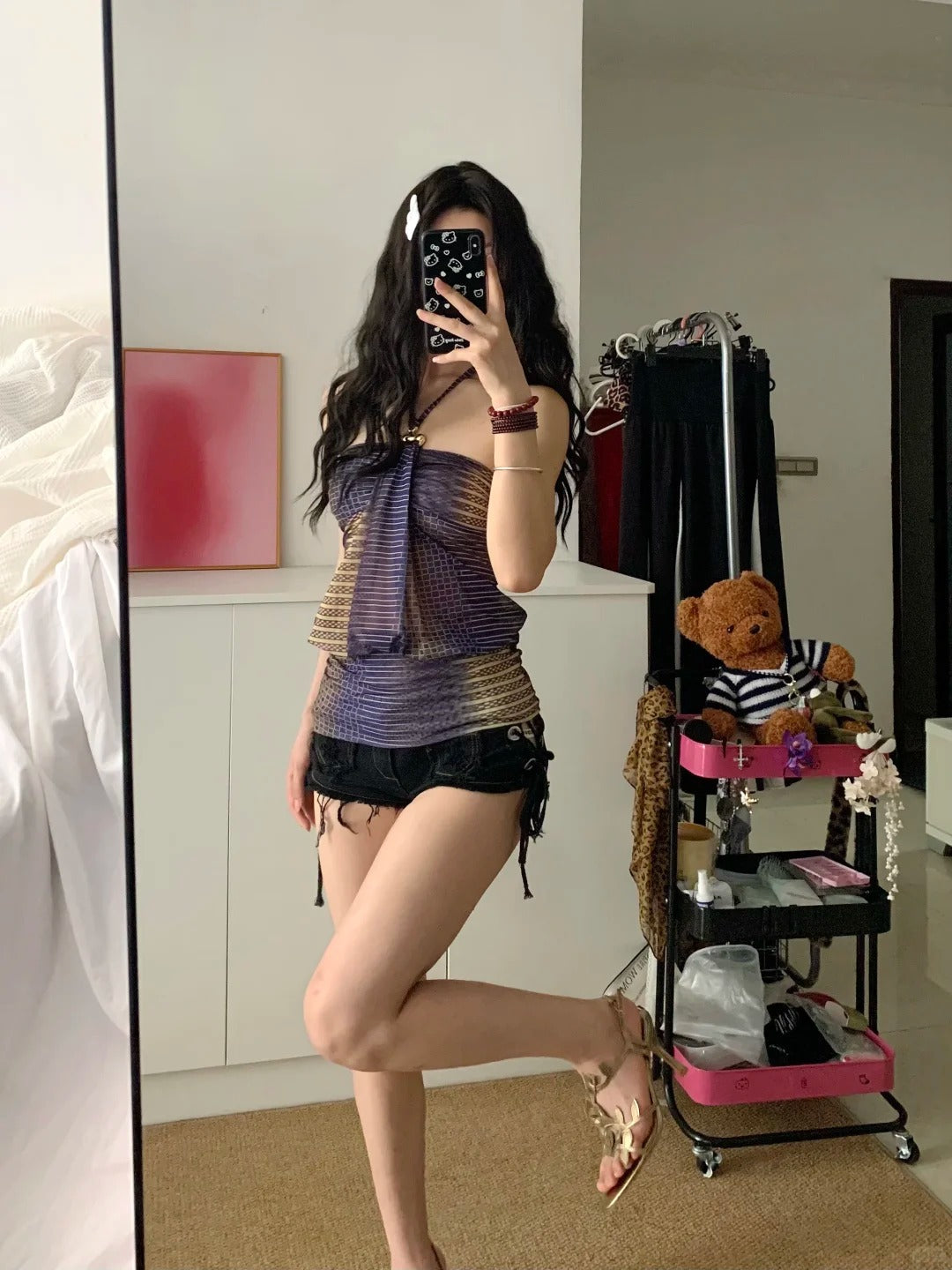 Y2K Mesh Halter Top and Black Denim Shorts Two Pieces Set