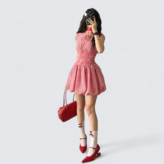 Pink Plaid Puffy Mini Dress Y2K Mini Dress