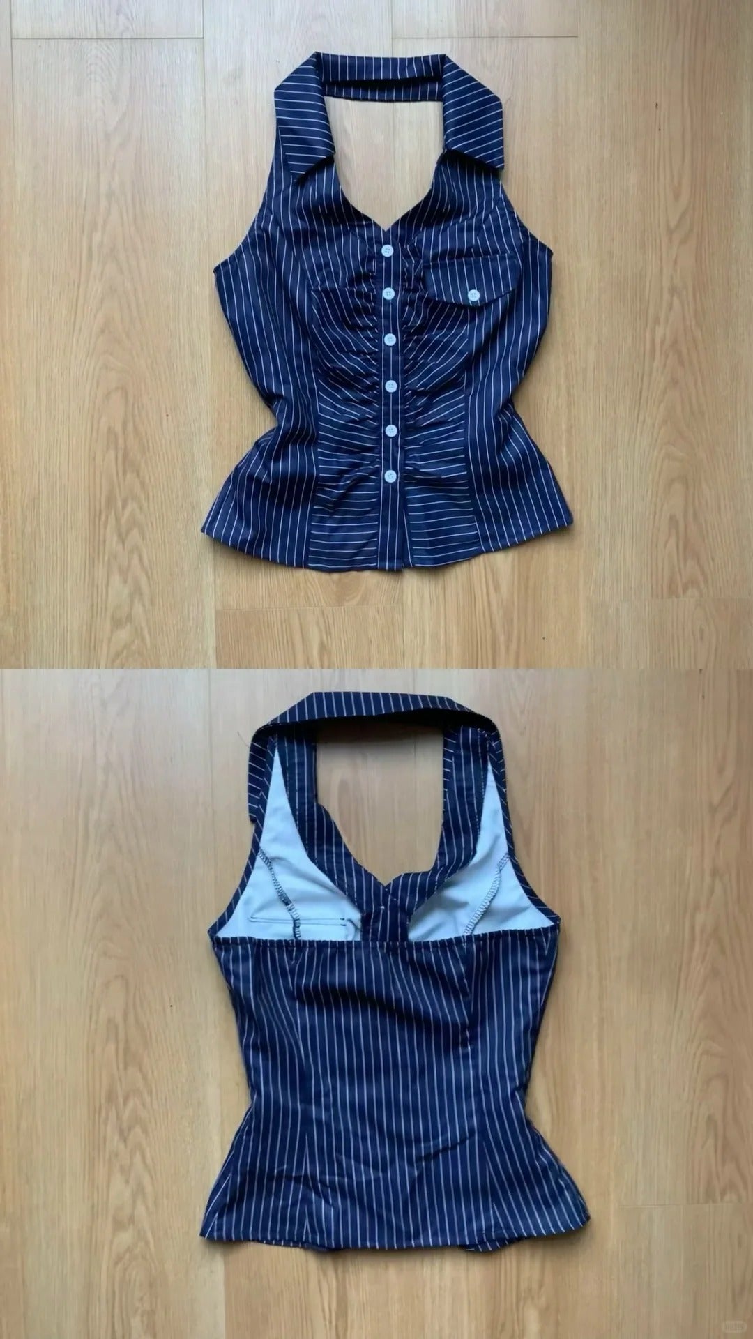 Y2k Blue Plaid Halter Backless Top and Black Shorts Two Pieces Sets