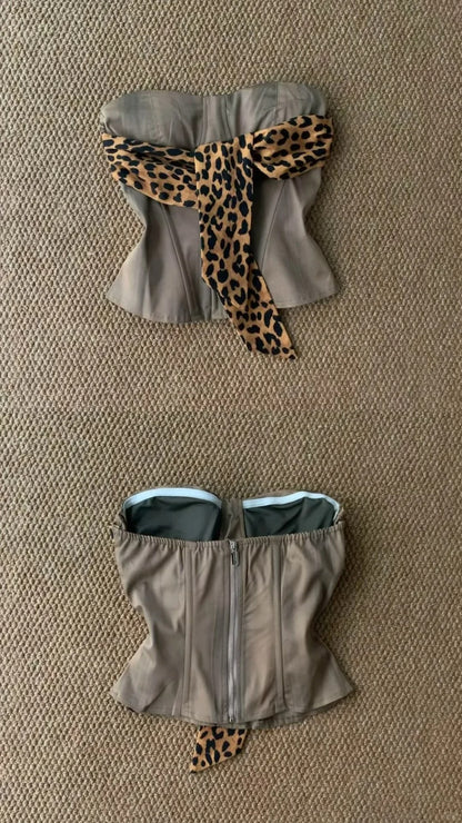 Gray Leopard Corset and Cargo Pants Y2K Two Pieces Sets