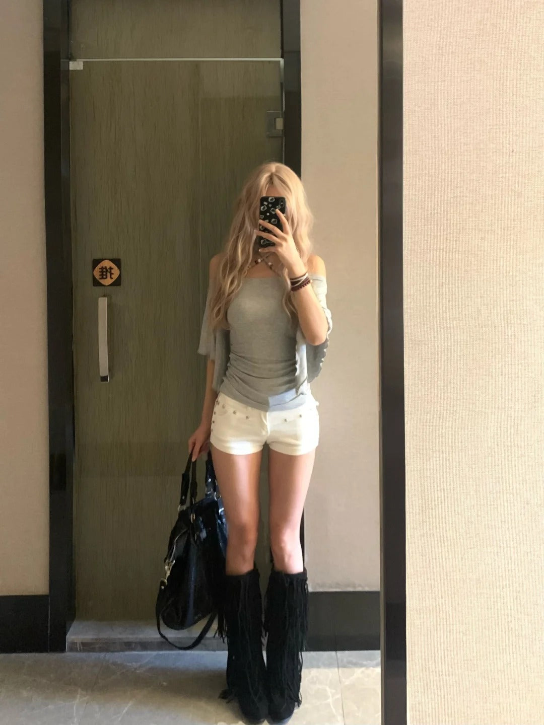 Y2K Grey Off-Shoulder Top and White Shorts Two Pieces Set