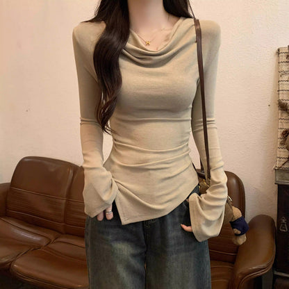 Draped Neck Slim Long Sleeve Tee Women