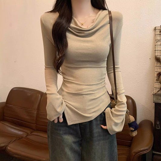 Draped Neck Slim Long Sleeve Tee Women