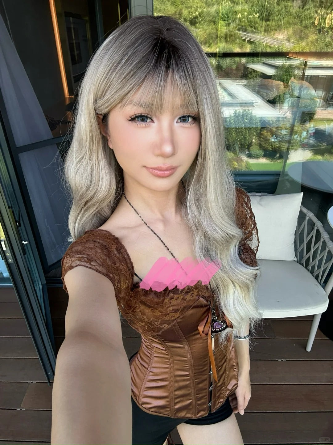 Ash Blonde Gradient Everyday Style Blogger's Wavy Bangs Curly Wig