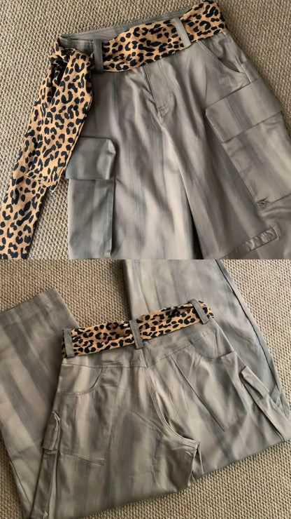 Gray Leopard Corset and Cargo Pants Y2K Two Pieces Sets