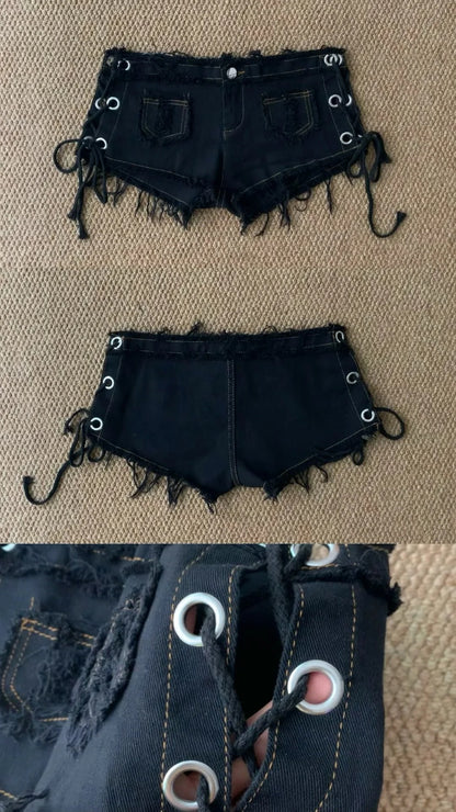 Y2K Mesh Halter Top and Black Denim Shorts Two Pieces Set