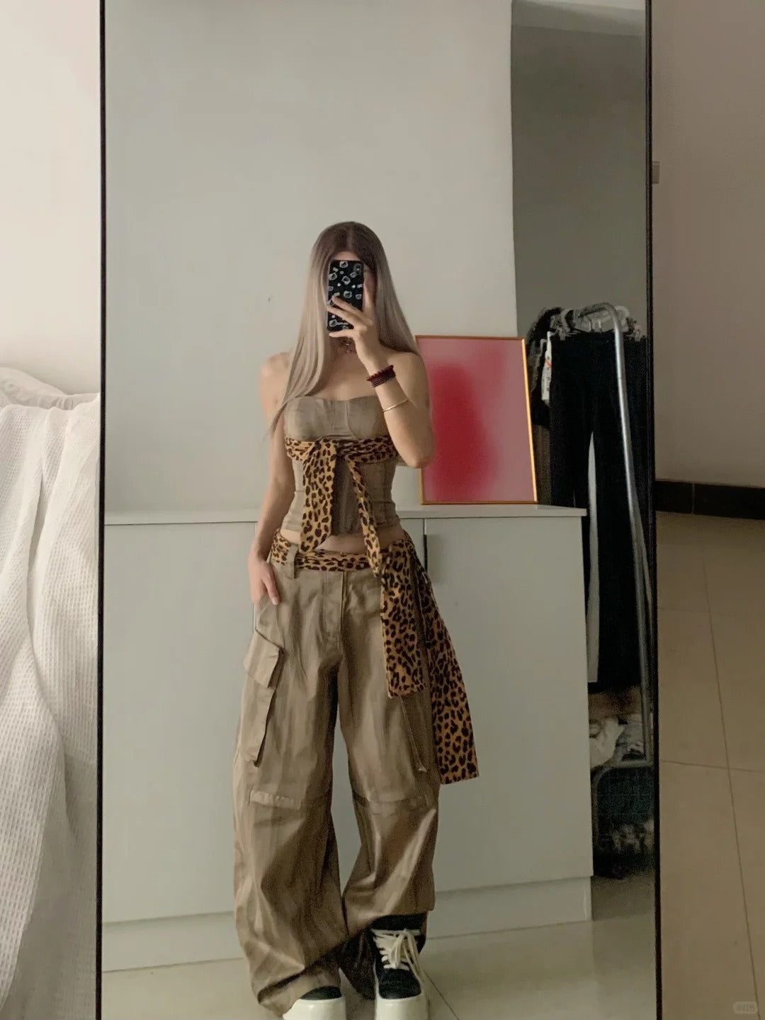 Gray Leopard Corset and Cargo Pants Y2K Two Pieces Sets