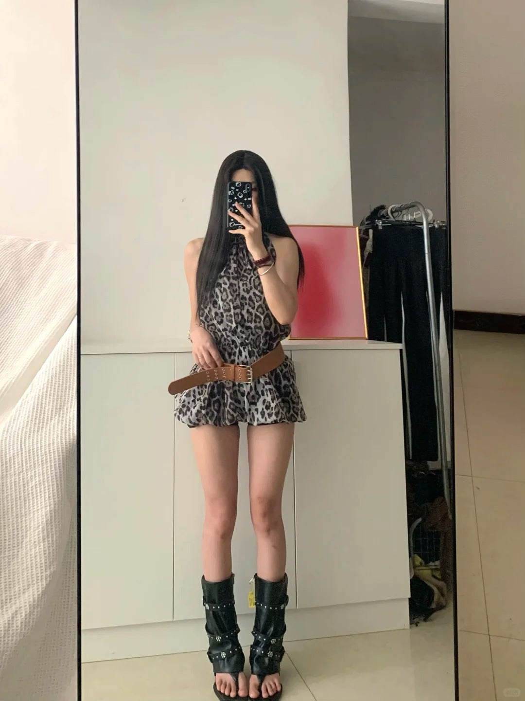 Gray Leopard Tank Mini Dress Y2K Mini Dress