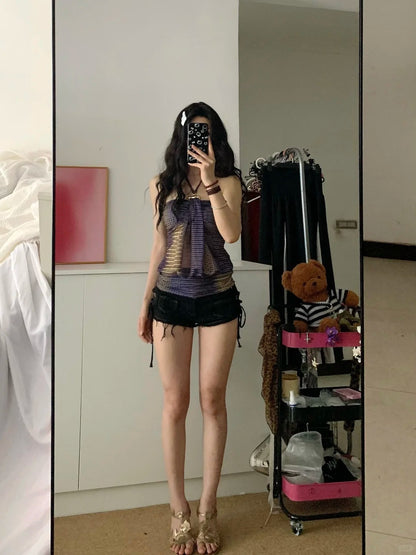 Y2K Mesh Halter Top and Black Denim Shorts Two Pieces Set