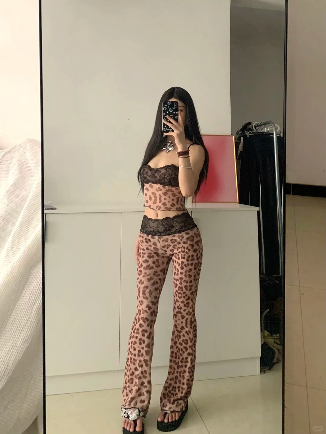 Brown Leopard Cami and Flare Pants Y2K Two Pieces Sets