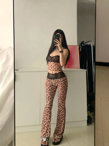 Brown Leopard Cami and Flare Pants Y2K Two Pieces Sets