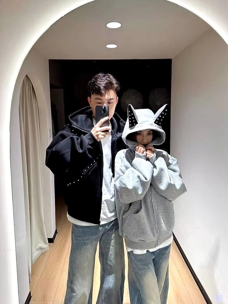 American Doberman Zip-Up Hoodie Studded Heavyweight Sweatshirt Y2K Hoodie