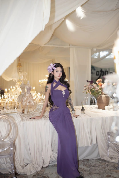 French Lace Mermaid Purple Tulle Waist Gown Dress