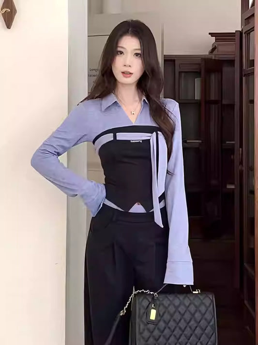 Korean Contrast Collar Layered Knit Top