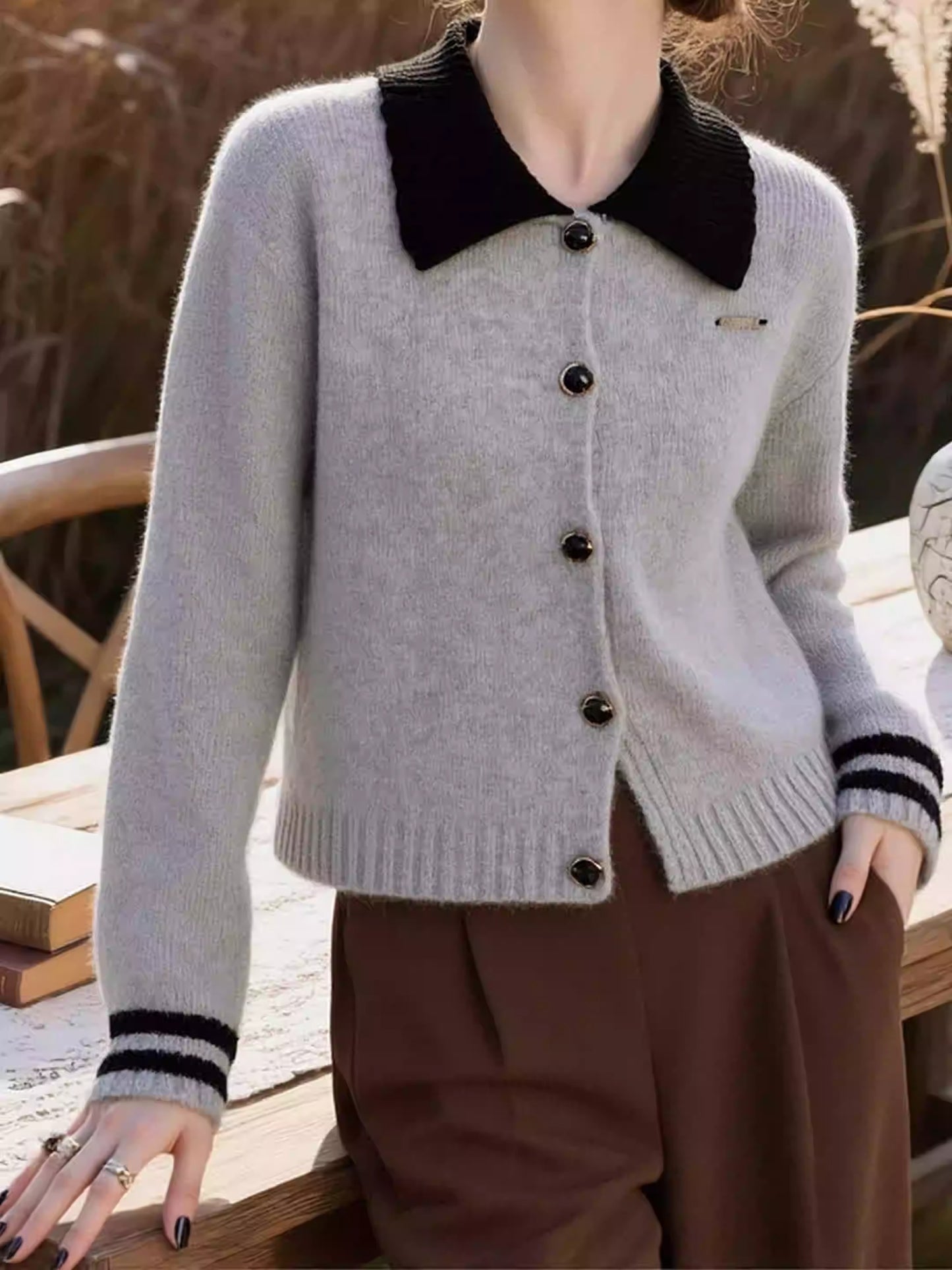 Old Money Grey Polo Knit Top Women