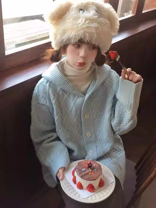 Blue Hooded Knit Cardigan Women