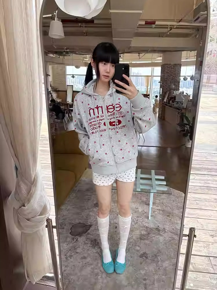 Star Print Zip Hoodie Women