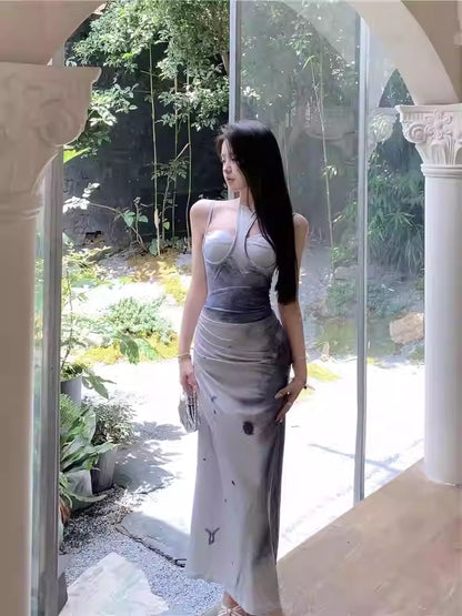 Elegant Hollow Halter Tie-Dye Bodycon Maxi Dress