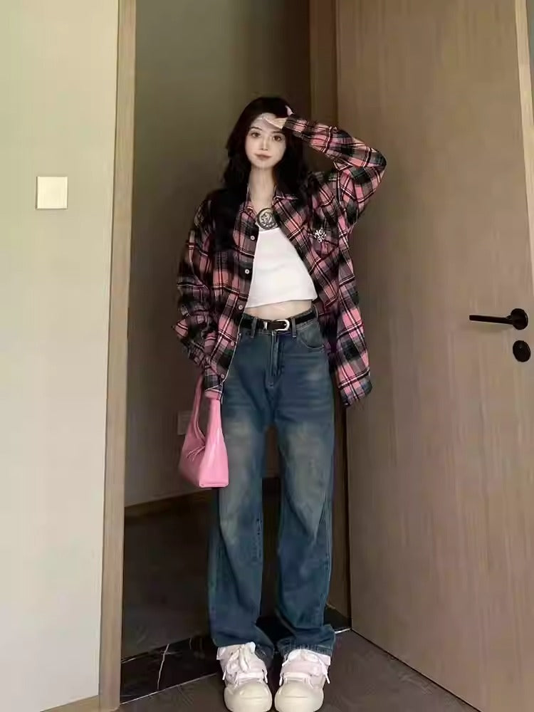 Pink Plaid Embroidered Shirt Women